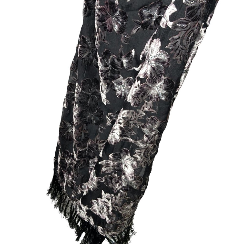 Formal scarf Black silver pure silk mesh chiffon rayon silver embroidery 170x50 - Picture 8 of 8